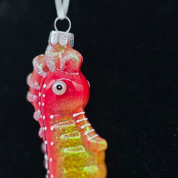 Anthropomorphic Seahorse Glass Ornament Orange & Yellow Glitter Accents 5.5"" - Picture 4 of 7